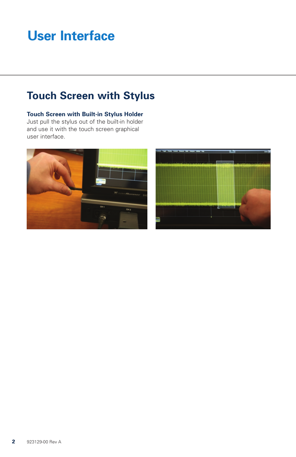 User interface, Touch screen with stylus | Teledyne LeCroy WaveRunner 6 Zi Quick Reference Guide User Manual | Page 2 / 20