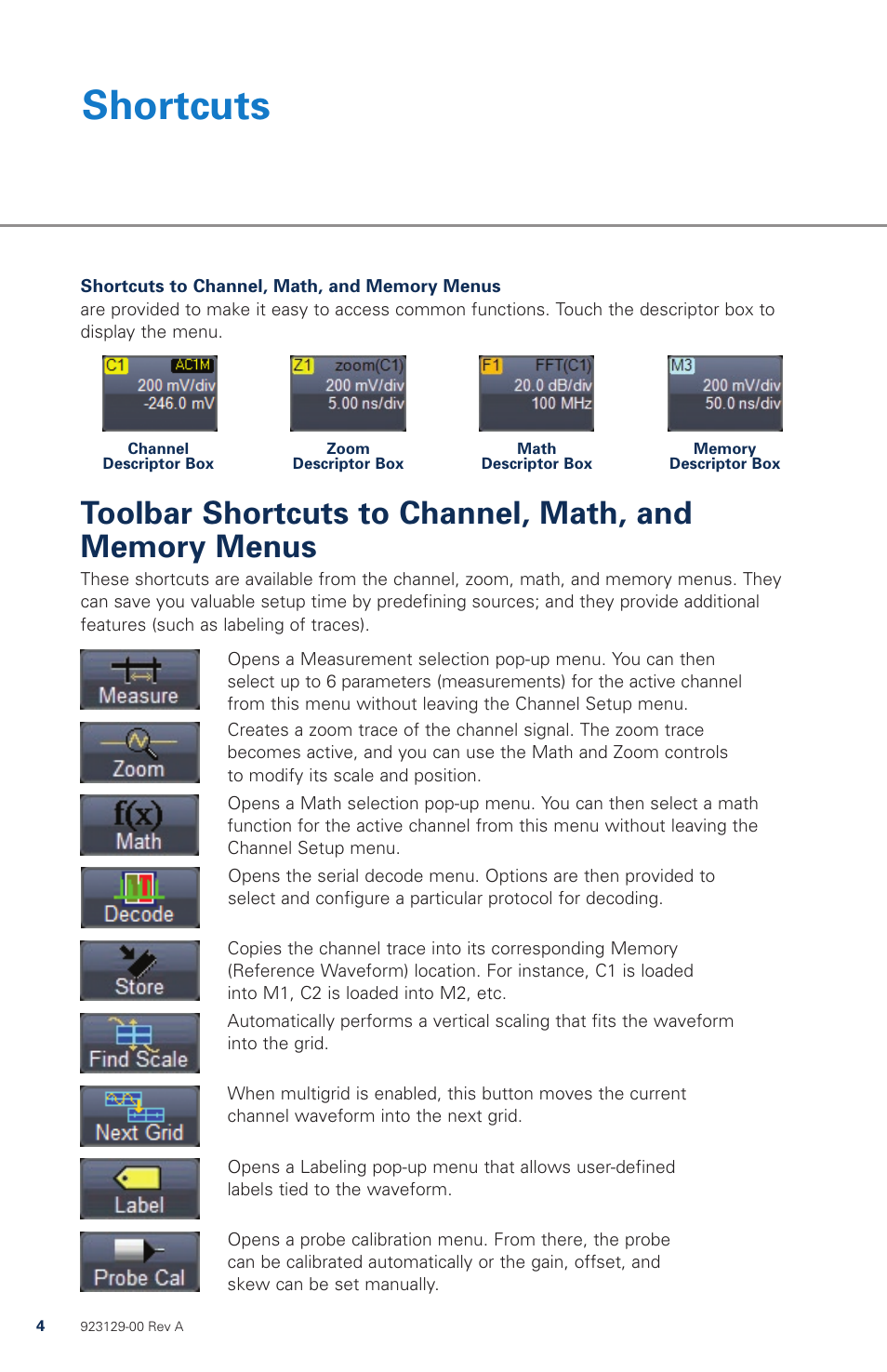 Shortcuts | Teledyne LeCroy WaveRunner 6 Zi Quick Reference Guide User Manual | Page 4 / 20