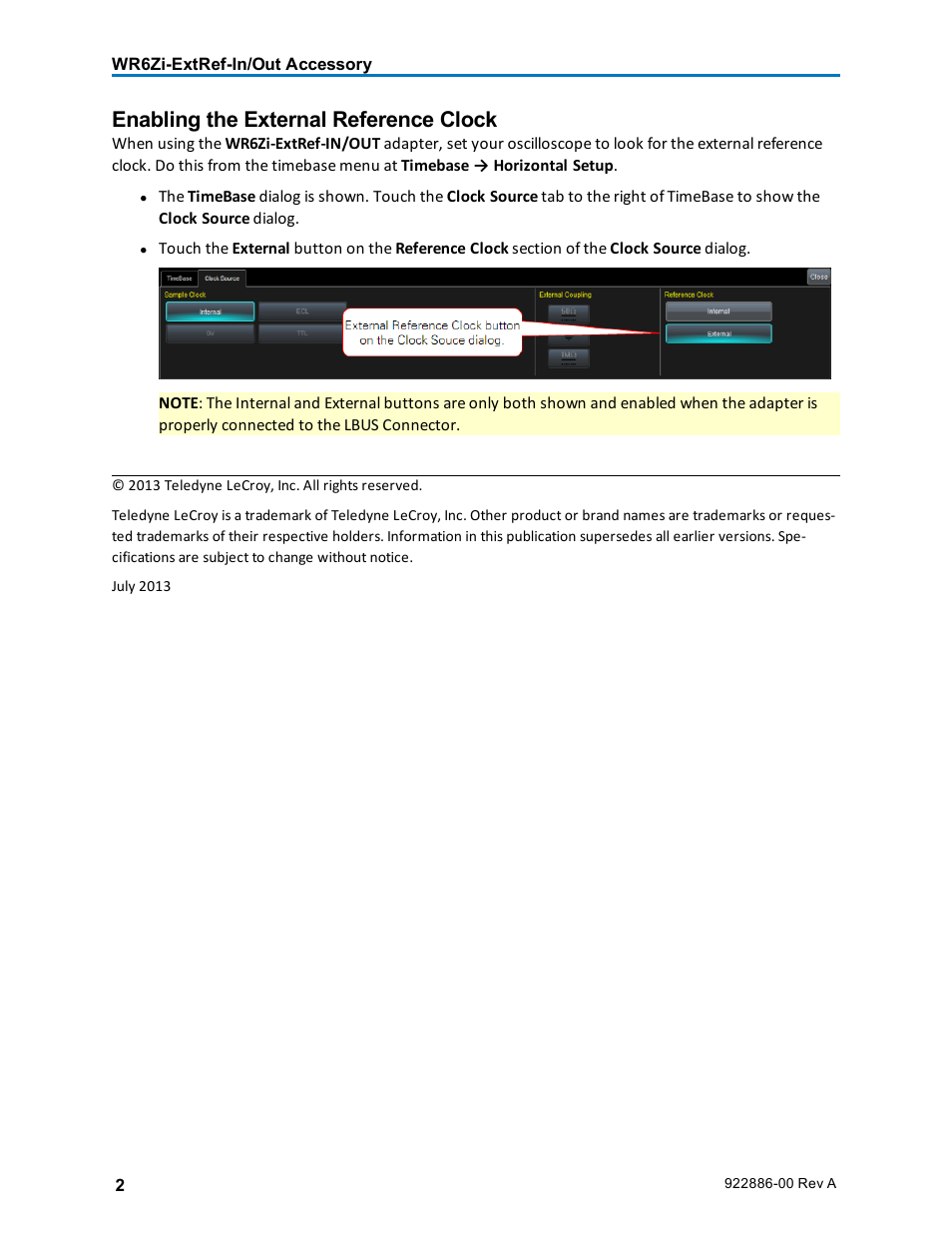 Enabling the external reference clock | Teledyne LeCroy WaveRunner 6 Zi-ExtRef-IN_OUT User Manual | Page 2 / 2