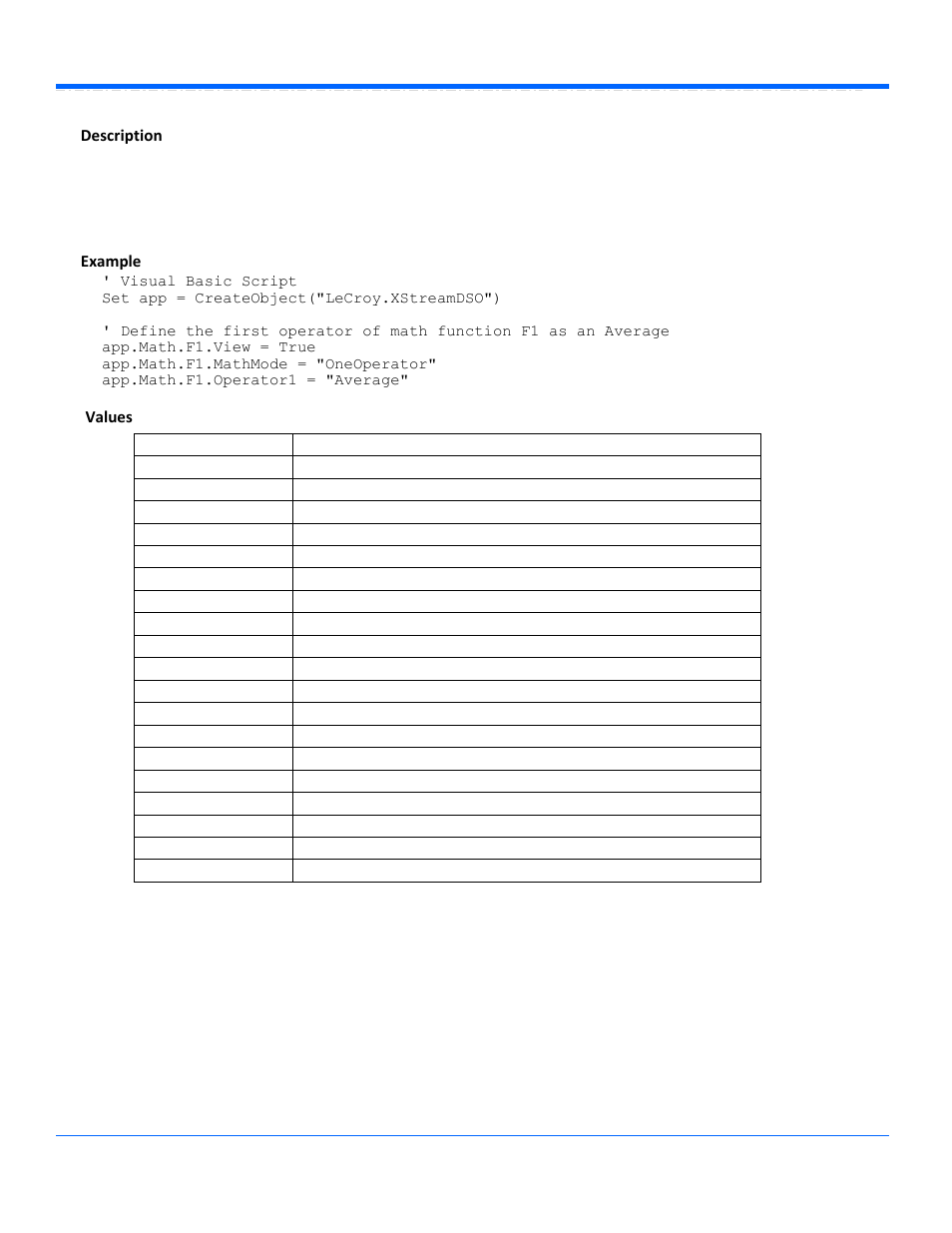 Operator1, Description, Example values | Teledyne LeCroy WaveSurfer Automation Command User Manual | Page 118 / 226