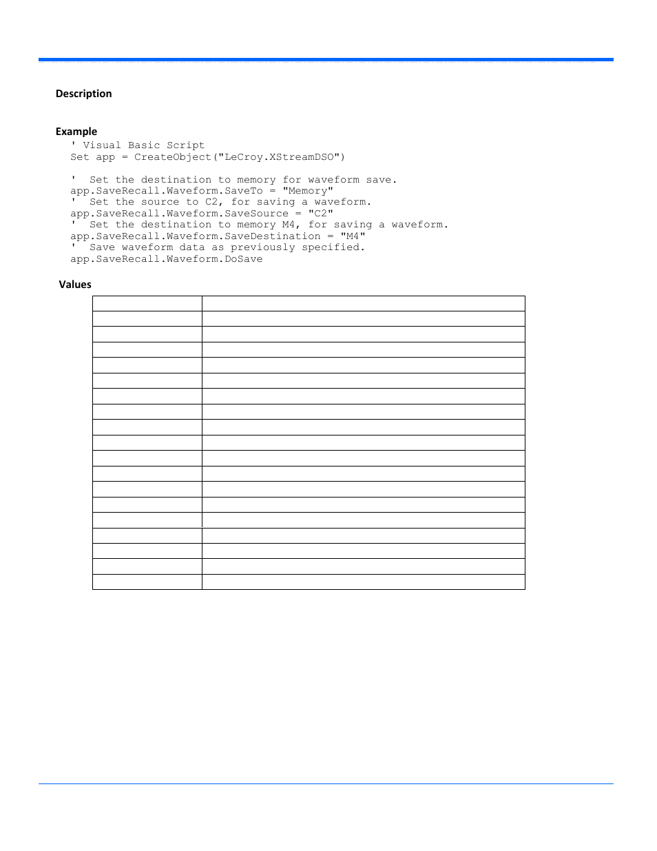 Savesource, Description, Example values | Teledyne LeCroy WaveSurfer Automation Command User Manual | Page 154 / 226