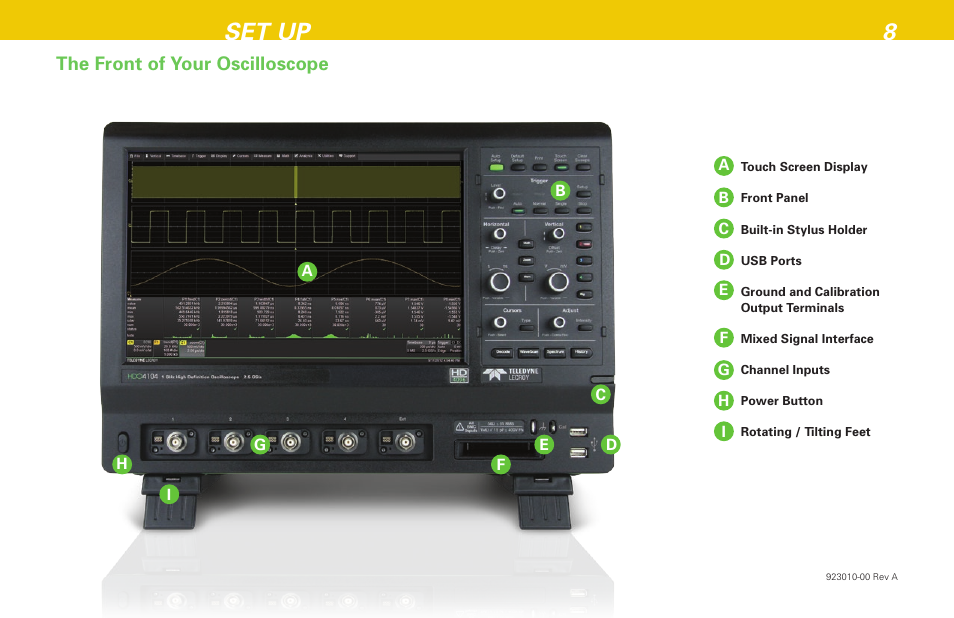 Set up 8, The front of your oscilloscope | Teledyne LeCroy HDO 4000 Getting Started Guide User Manual | Page 12 / 48