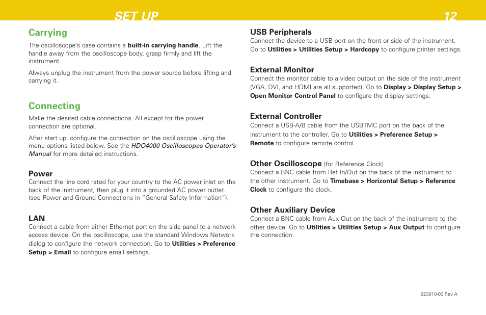 Set up 12, Carrying, Connecting | Teledyne LeCroy HDO 4000 Getting Started Guide User Manual | Page 16 / 48