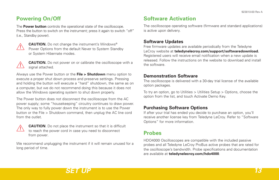 Set up 13, Powering on/off, Software activation | Probes | Teledyne LeCroy HDO 4000 Getting Started Guide User Manual | Page 17 / 48