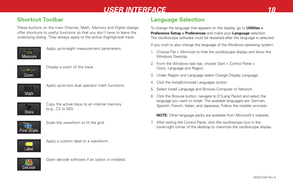 User interface 18, Shortcut toolbar language selection | Teledyne LeCroy HDO 4000 Getting Started Guide User Manual | Page 22 / 48