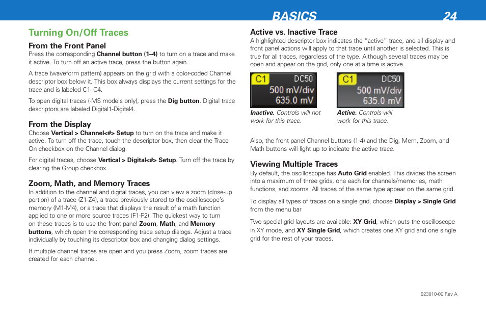 Basics 24, Turning on/off traces | Teledyne LeCroy HDO 4000 Getting Started Guide User Manual | Page 28 / 48