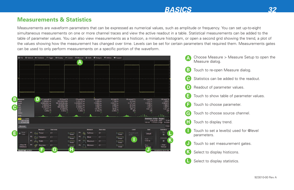 Basics 32, Measurements & statistics | Teledyne LeCroy HDO 4000 Getting Started Guide User Manual | Page 36 / 48