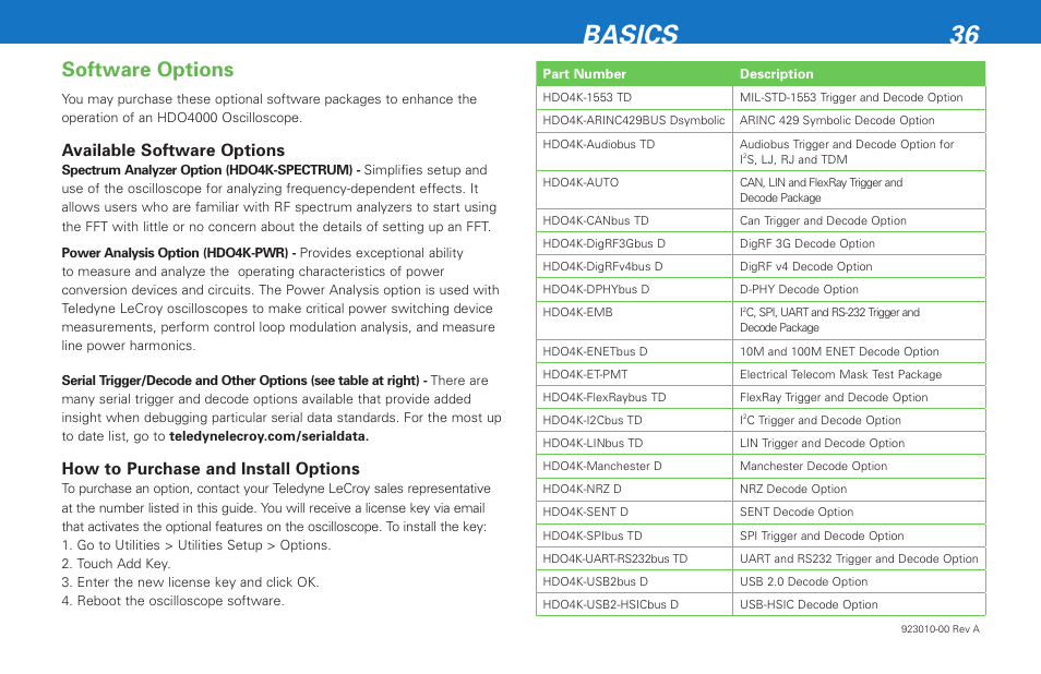 Basics 36, Software options, Available software options | How to purchase and install options | Teledyne LeCroy HDO 4000 Getting Started Guide User Manual | Page 40 / 48