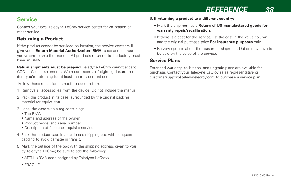 Reference 38, Service | Teledyne LeCroy HDO 4000 Getting Started Guide User Manual | Page 42 / 48