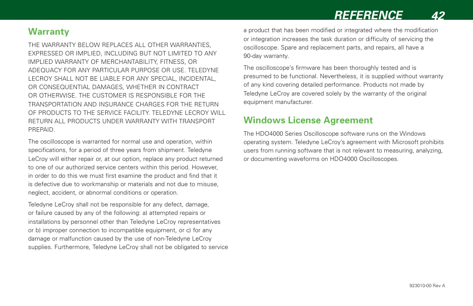 Reference 42, Warranty, Windows license agreement | Teledyne LeCroy HDO 4000 Getting Started Guide User Manual | Page 46 / 48