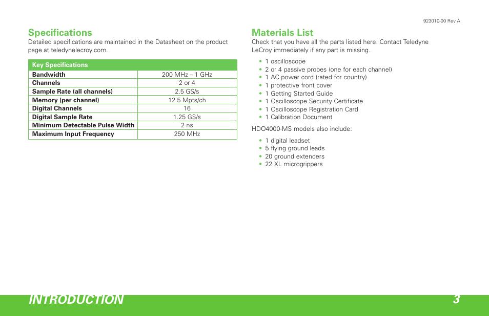 Introduction 3, Specifications, Materials list | Teledyne LeCroy HDO 4000 Getting Started Guide User Manual | Page 7 / 48