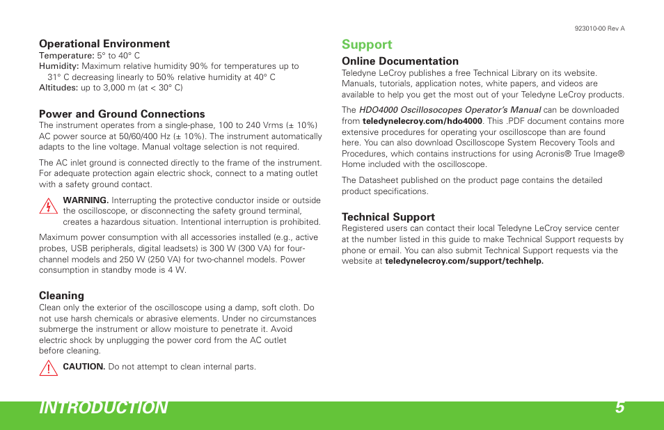 Introduction 5, Support | Teledyne LeCroy HDO 4000 Getting Started Guide User Manual | Page 9 / 48