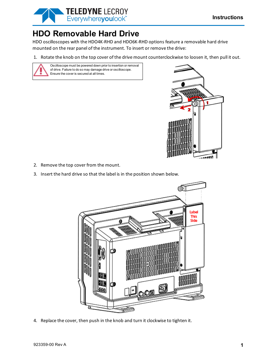 Teledyne LeCroy HDO Removable Hard Drive User Manual | 2 pages