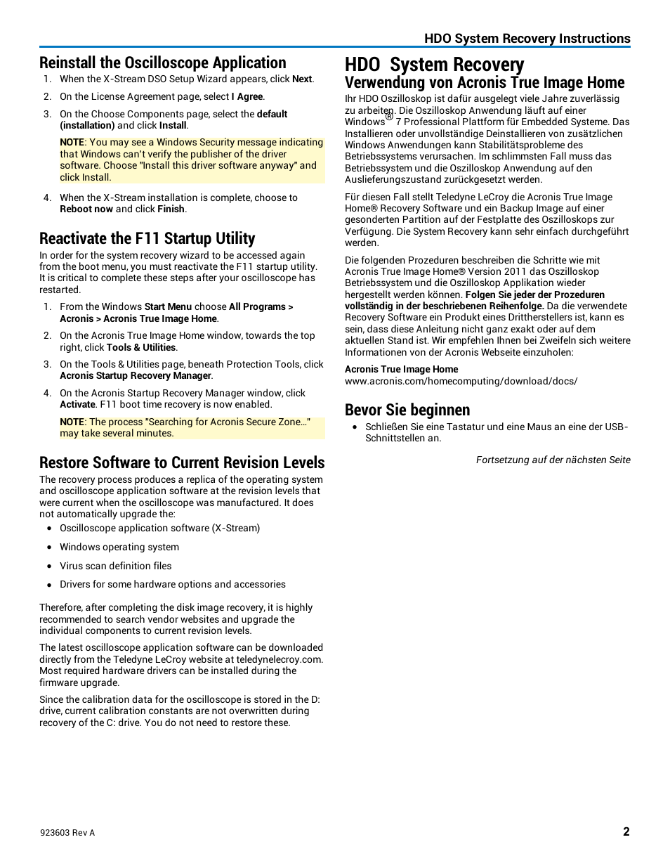 Reinstall the oscilloscope application, Reactivate the f11 startup utility, Restore software to current revision levels | Verwendung von acronis true image home, Bevor sie beginnen, Hdo system recovery | Teledyne LeCroy HDO System Recovery User Manual | Page 2 / 7