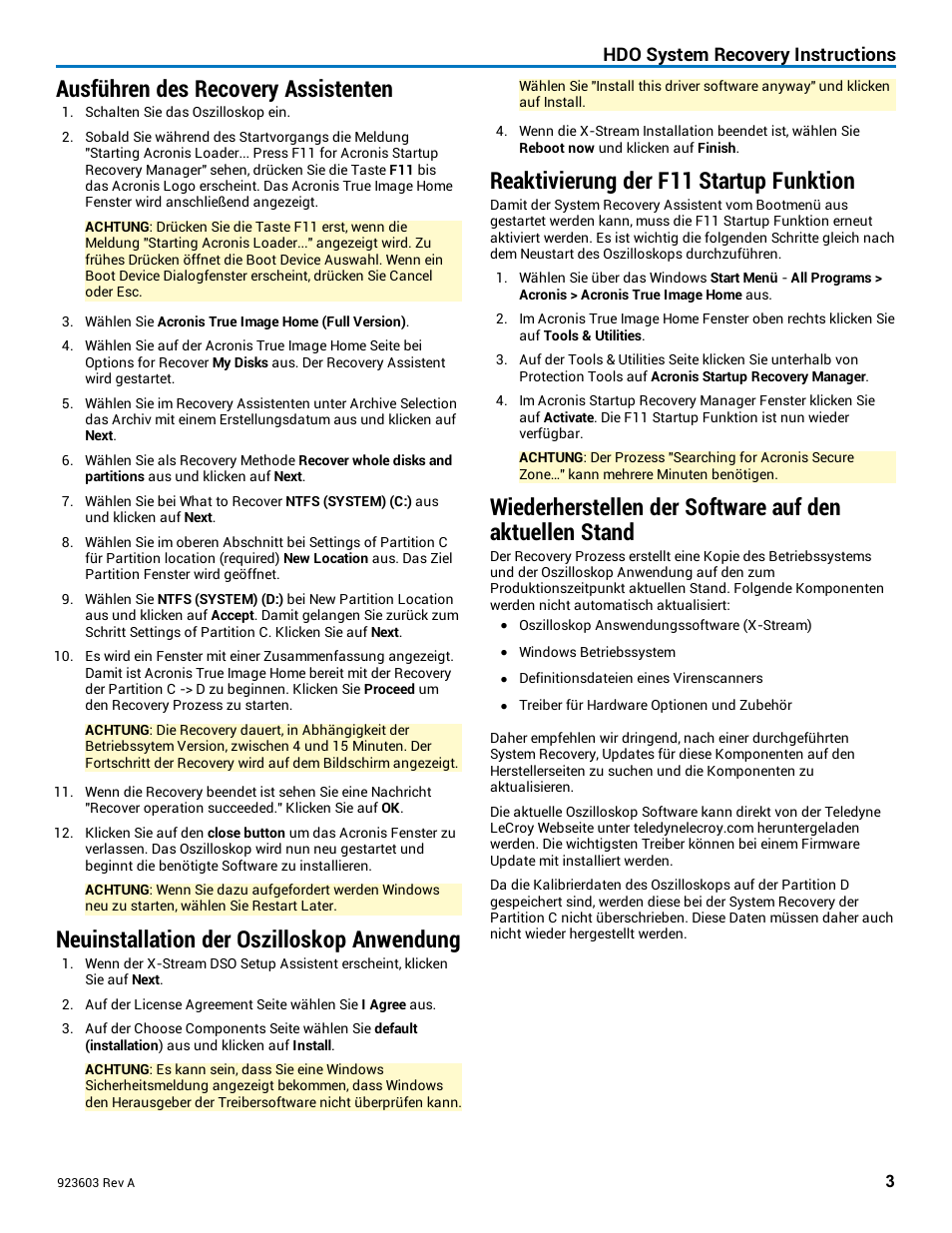 Ausführen des recovery assistenten, Neuinstallation der oszilloskop anwendung, Reaktivierung der f11 startup funktion | Hdo system recovery instructions | Teledyne LeCroy HDO System Recovery User Manual | Page 3 / 7