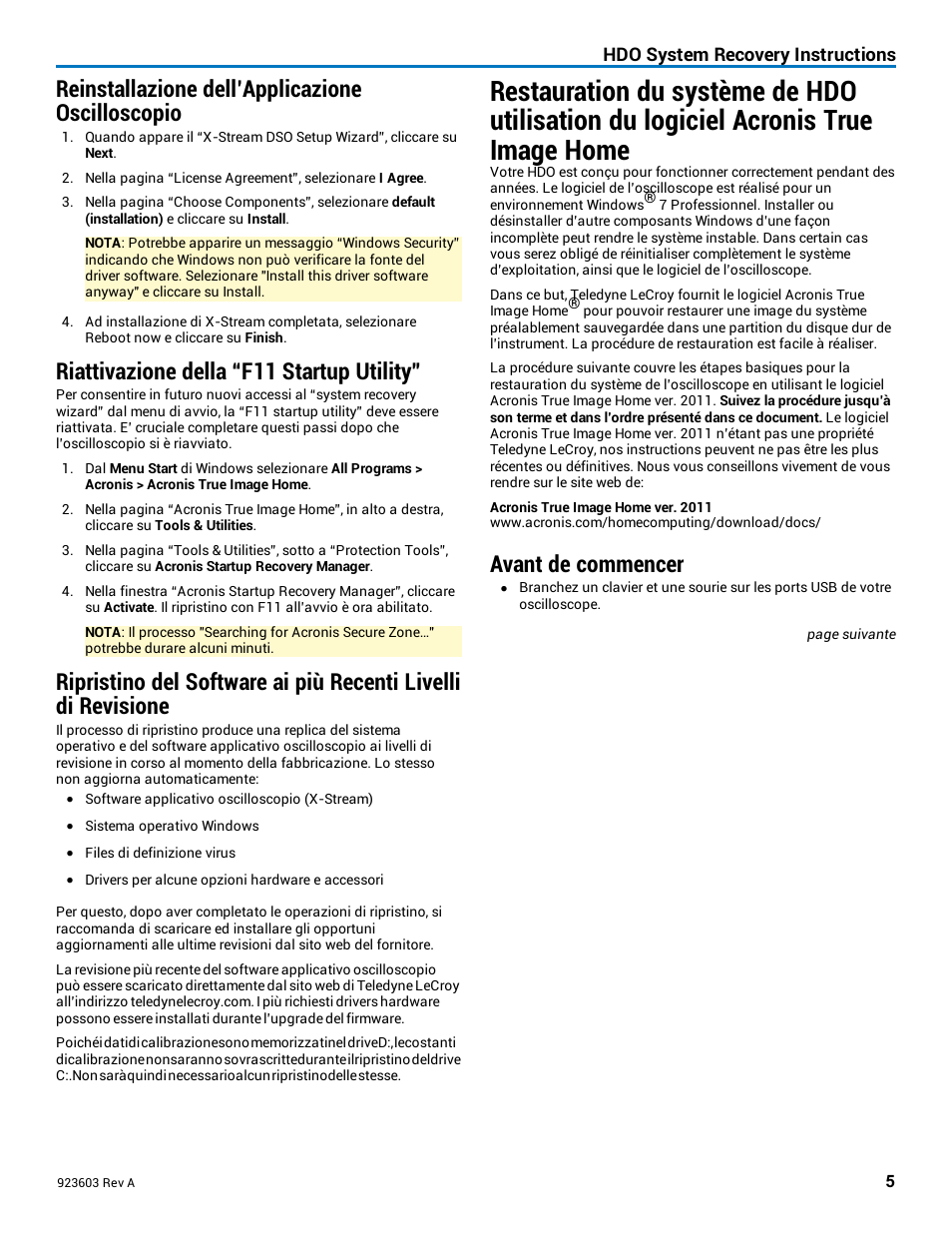 Reinstallazione dell’applicazione oscilloscopio, Riattivazione della “f11 startup utility, Avant de commencer | Teledyne LeCroy HDO System Recovery User Manual | Page 5 / 7