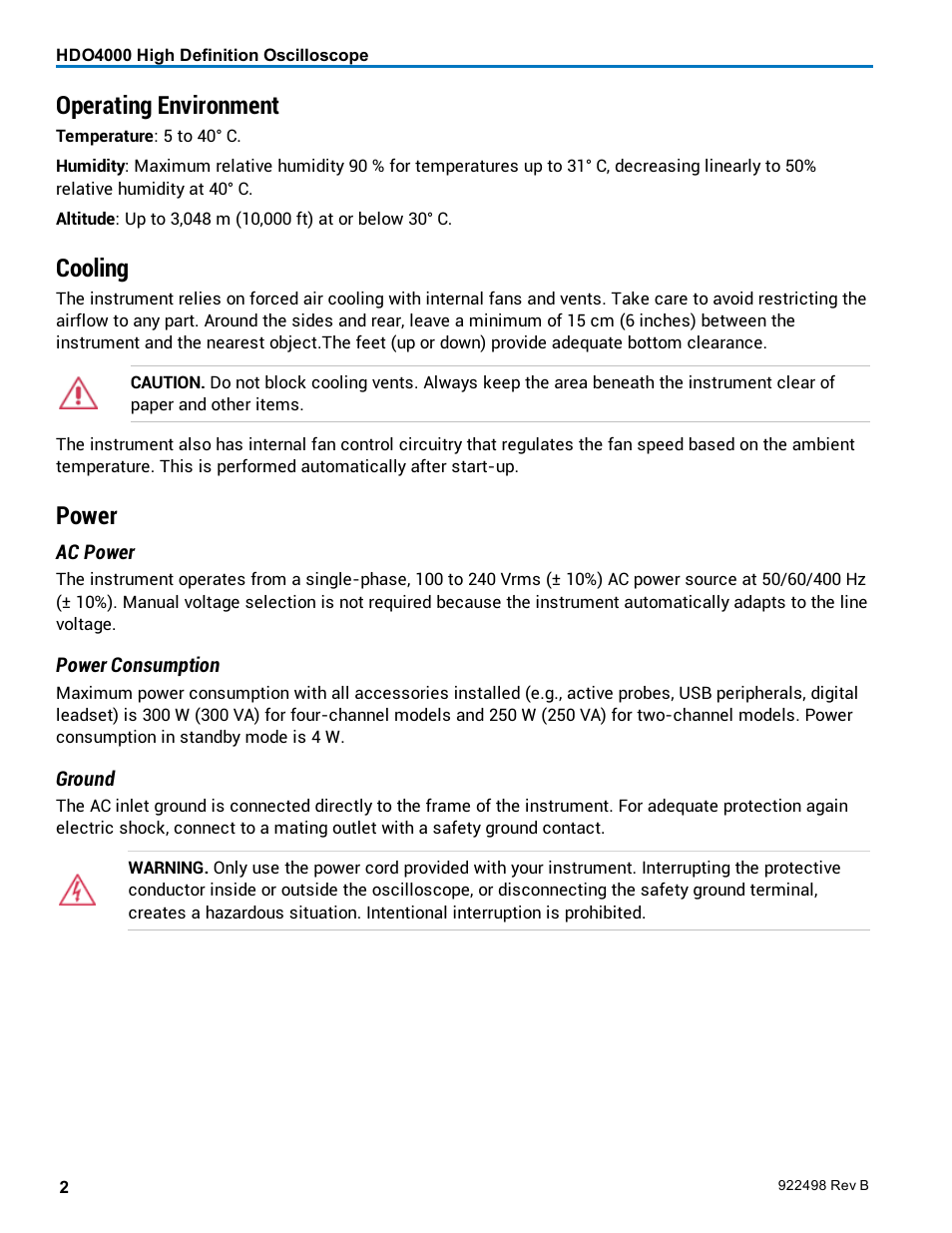 Operating environment, Cooling, Power | Teledyne LeCroy HDO 4000 Operators Manual User Manual | Page 10 / 122
