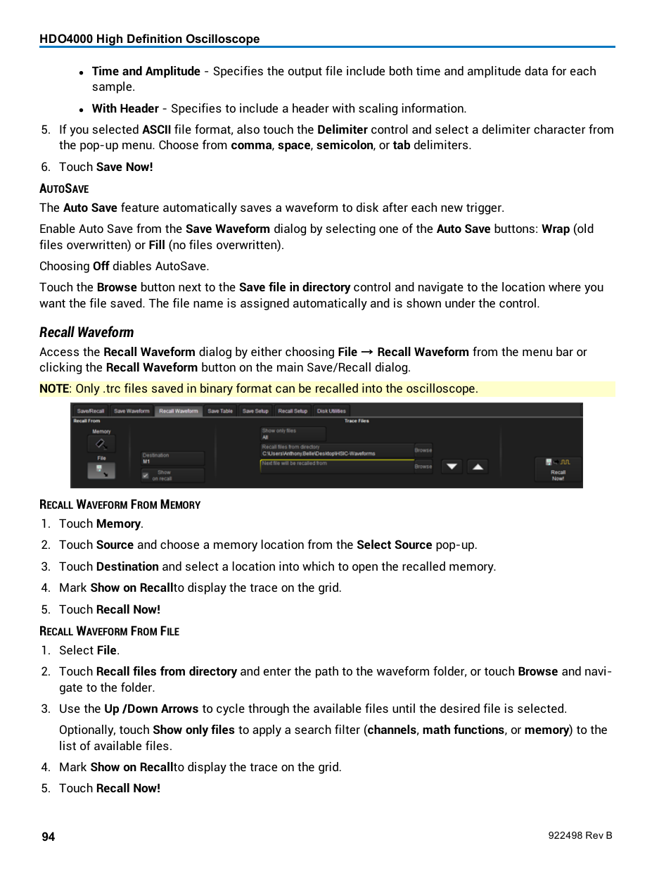 Recall waveform | Teledyne LeCroy HDO 4000 Operators Manual User Manual | Page 102 / 122