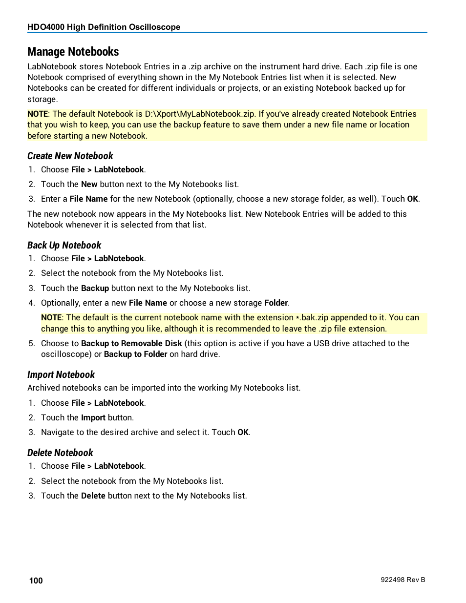 Manage notebooks, Backed up the notebook | Teledyne LeCroy HDO 4000 Operators Manual User Manual | Page 108 / 122