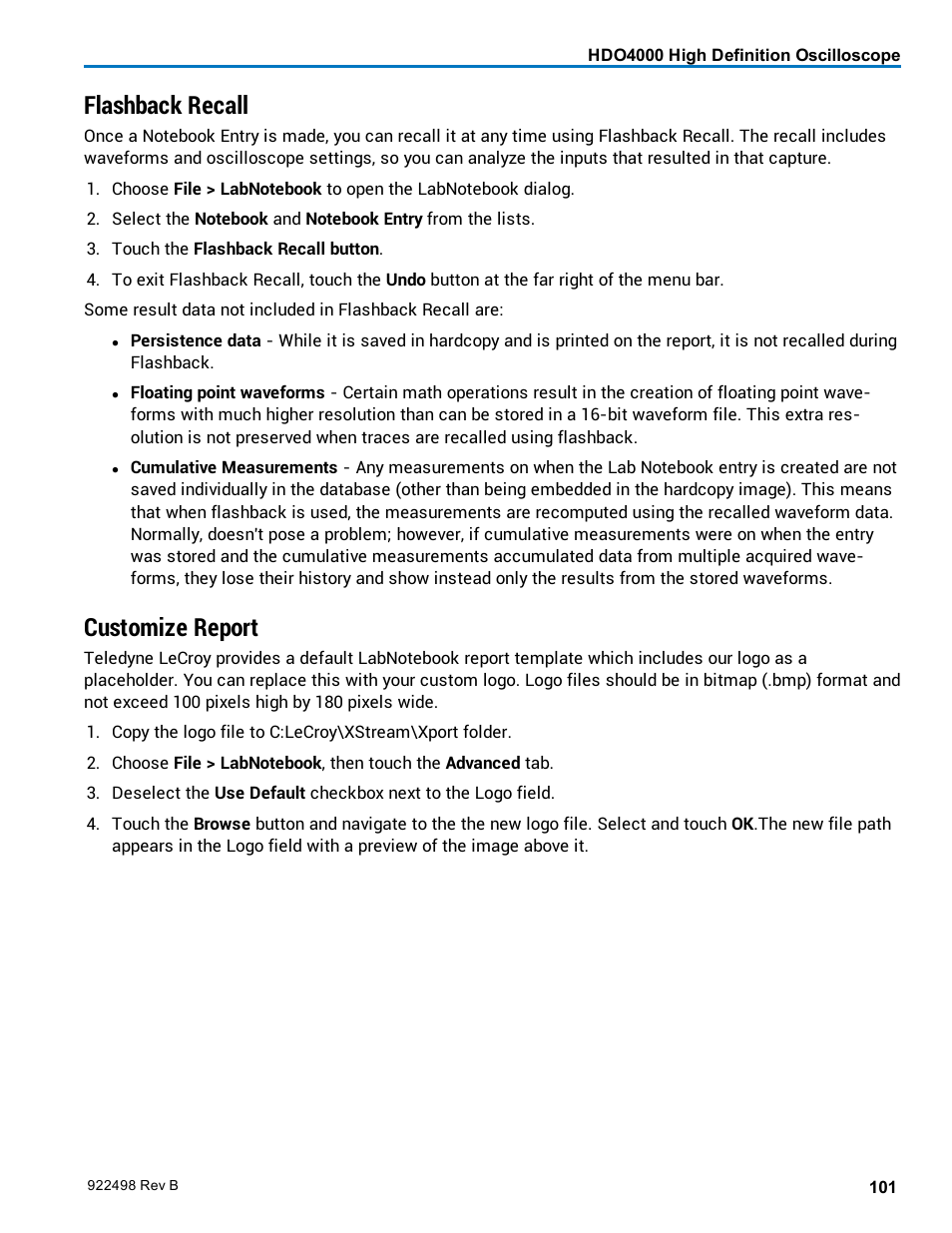 Flashback recall, Customize report, Custom format | Teledyne LeCroy HDO 4000 Operators Manual User Manual | Page 109 / 122