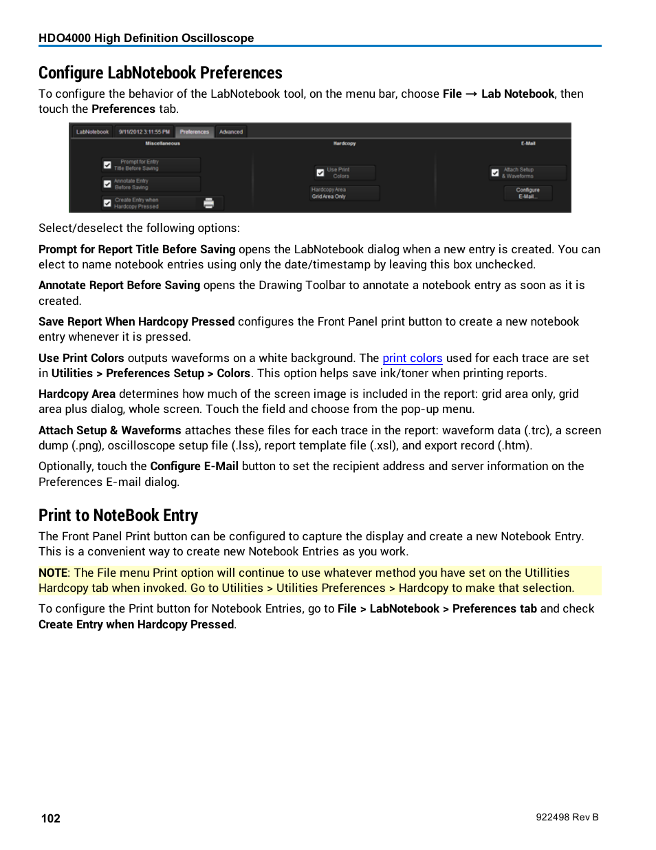 Configure labnotebook preferences, Print to notebook entry, Configured it for labnotebook | Teledyne LeCroy HDO 4000 Operators Manual User Manual | Page 110 / 122