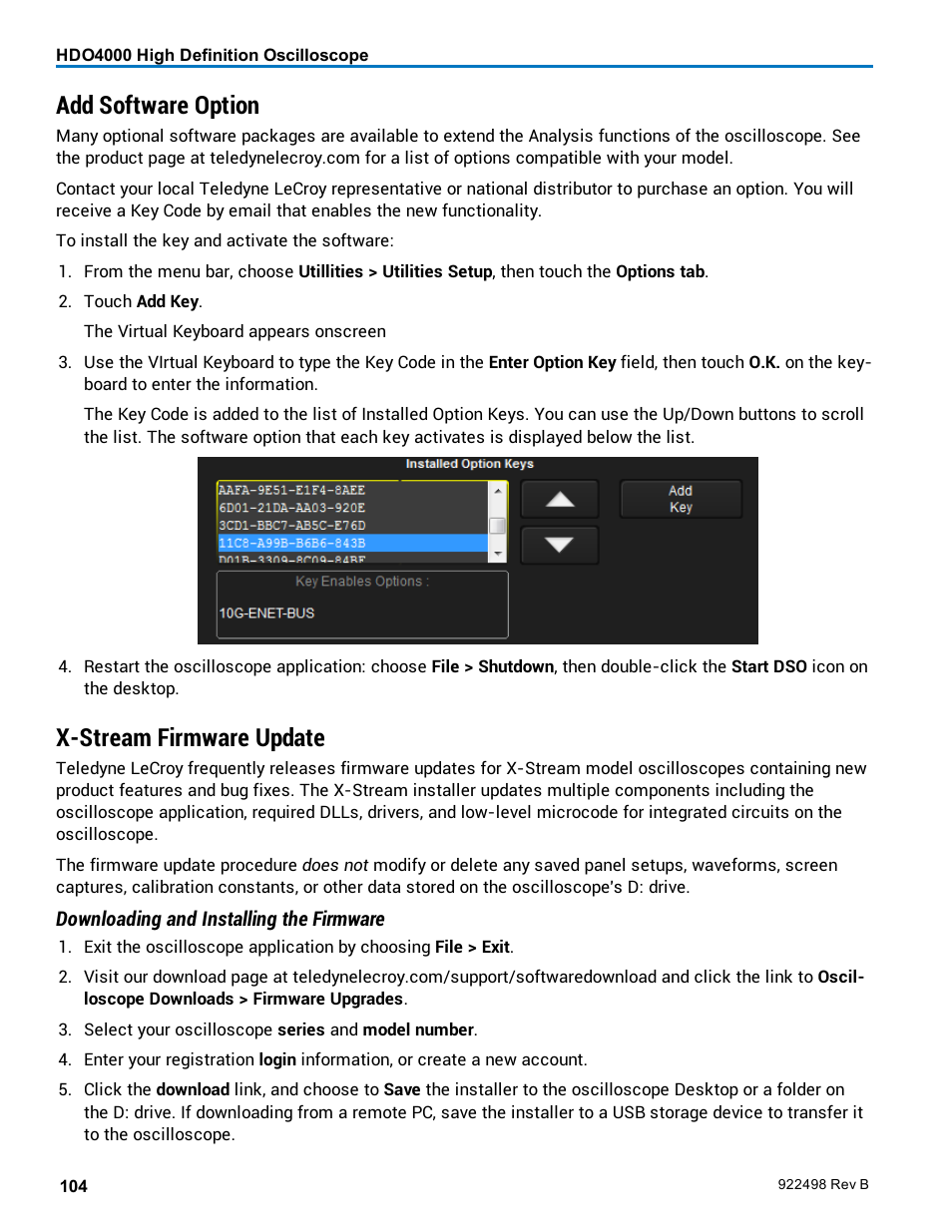 Add software option, X-stream firmware update | Teledyne LeCroy HDO 4000 Operators Manual User Manual | Page 112 / 122