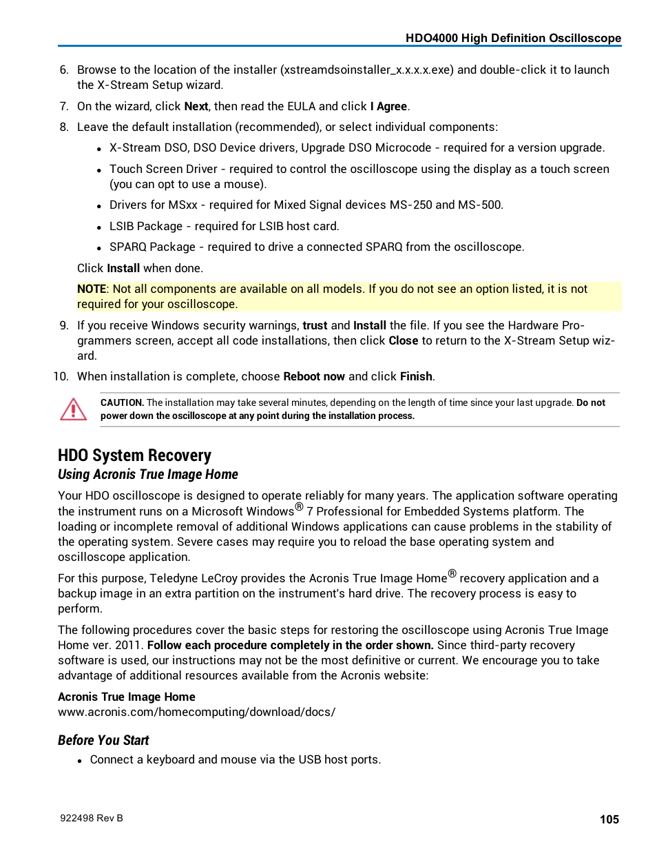 Hdo system recovery, Using acronis true image home, Before you start | Teledyne LeCroy HDO 4000 Operators Manual User Manual | Page 113 / 122