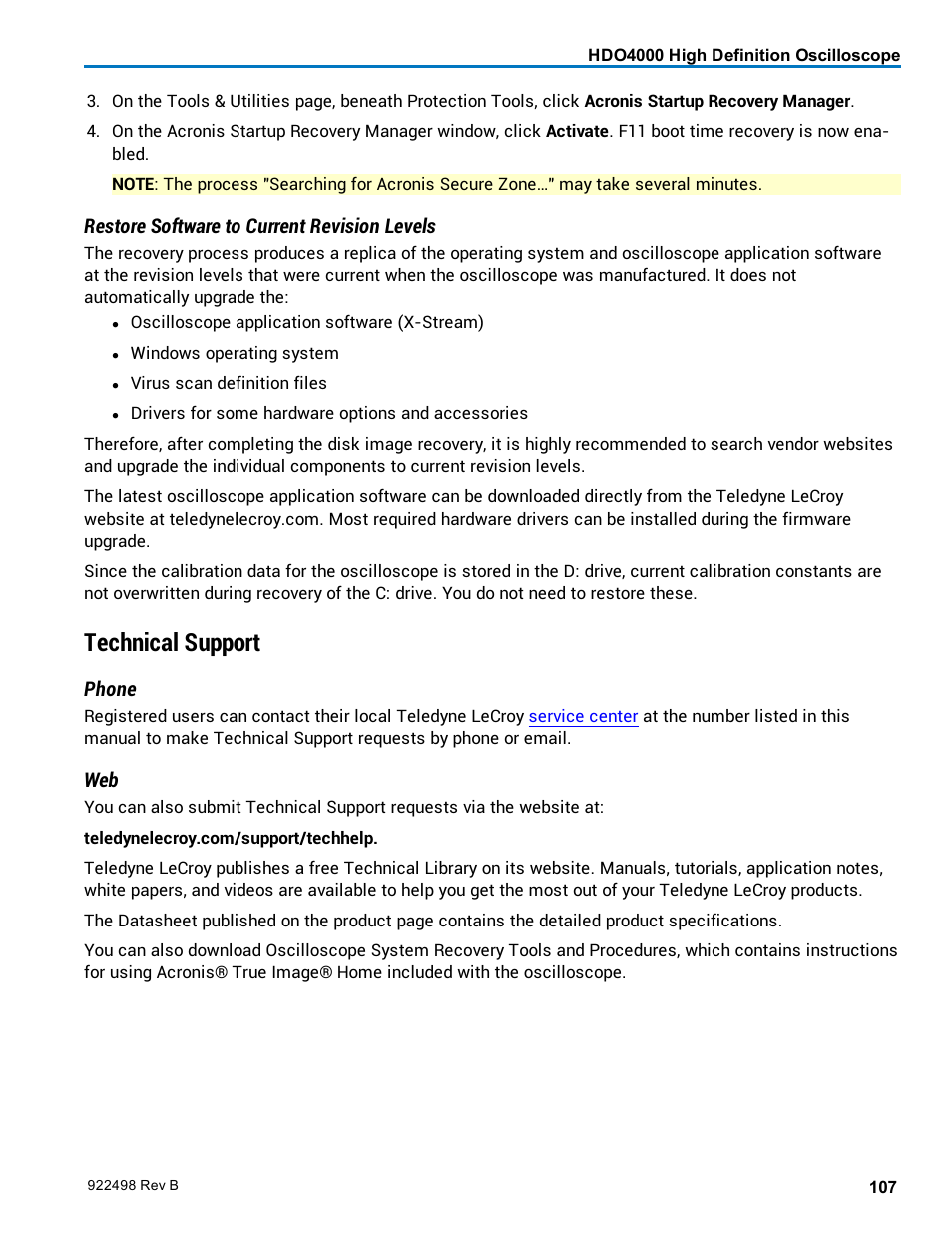 Technical support, Restore software to current revision levels, Phone | Teledyne LeCroy HDO 4000 Operators Manual User Manual | Page 115 / 122