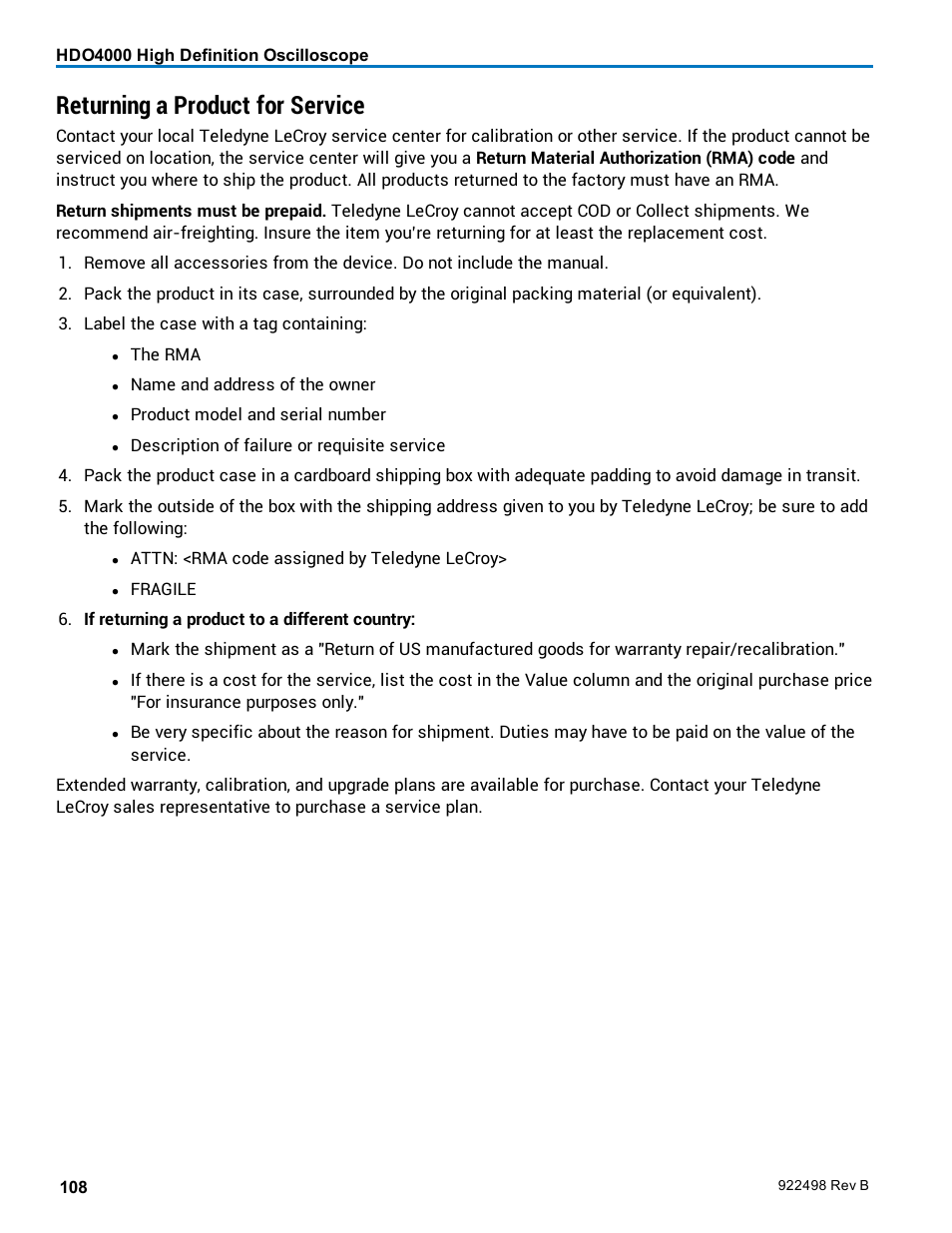 Returning a product for service | Teledyne LeCroy HDO 4000 Operators Manual User Manual | Page 116 / 122