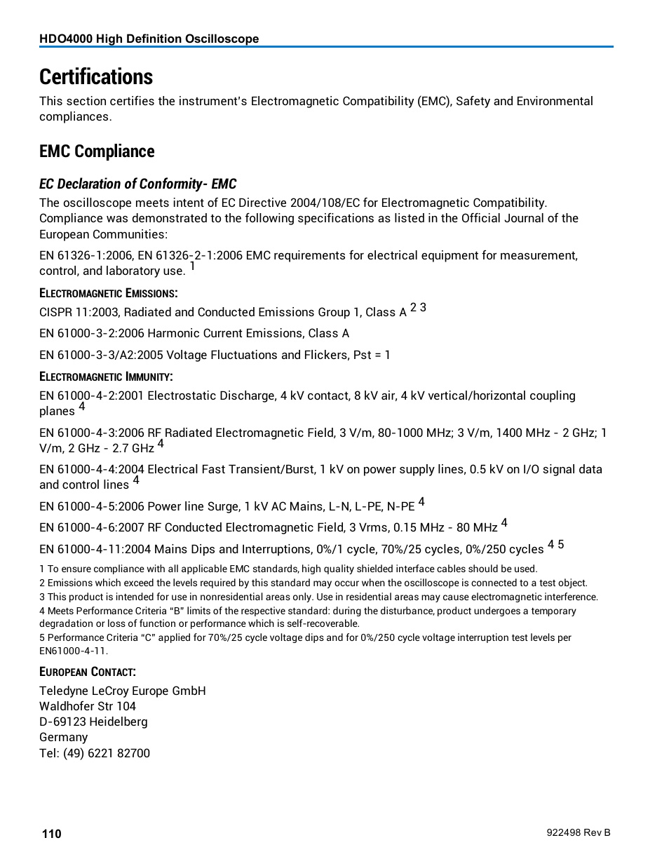 Certifications, Emc compliance | Teledyne LeCroy HDO 4000 Operators Manual User Manual | Page 118 / 122