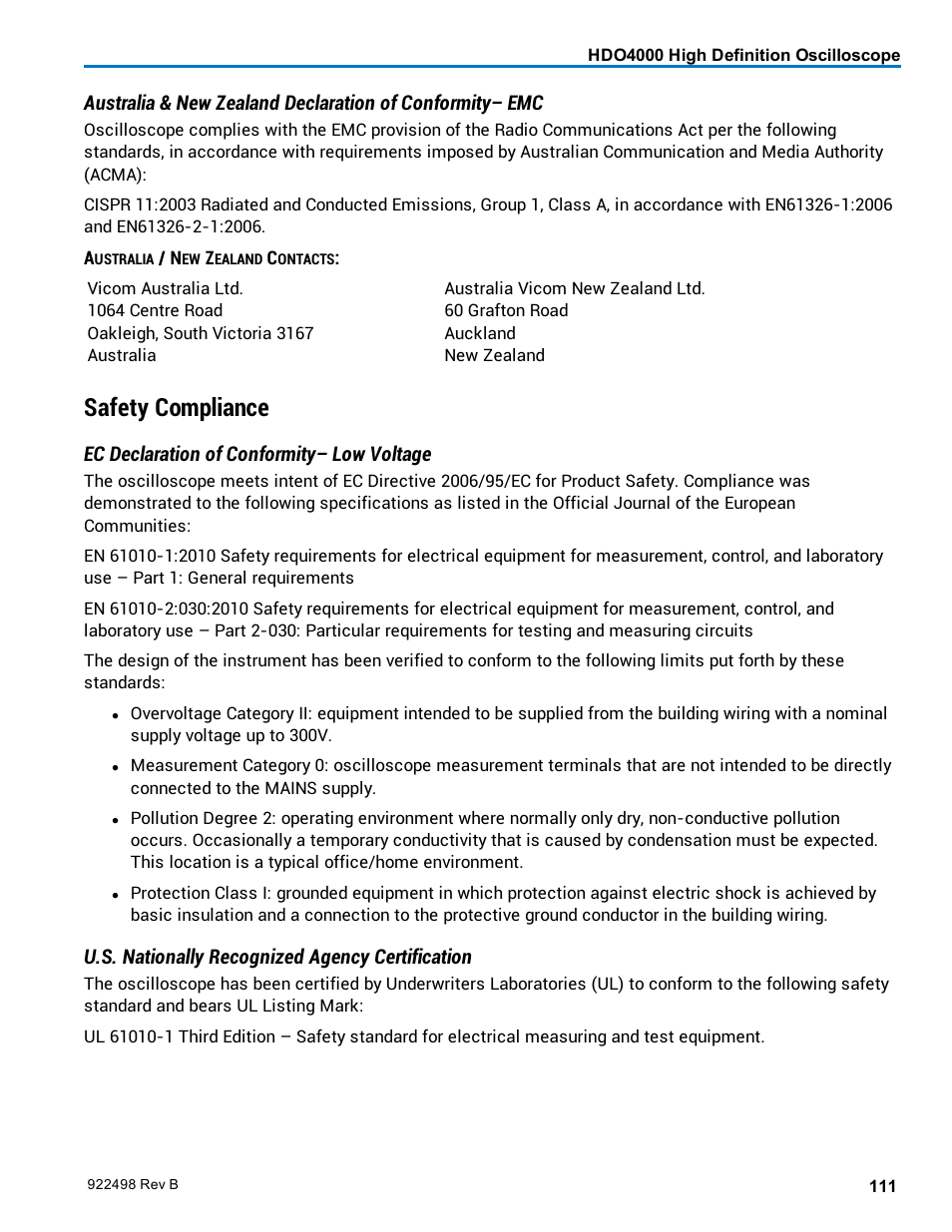 Safety compliance, Ec declaration of conformity– low voltage, U.s. nationally recognized agency certification | Teledyne LeCroy HDO 4000 Operators Manual User Manual | Page 119 / 122