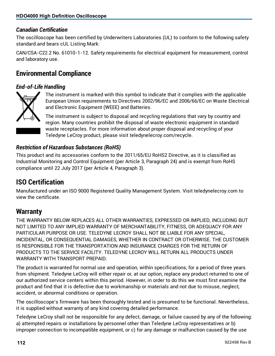 Environmental compliance, Iso certification, Warranty | Teledyne LeCroy HDO 4000 Operators Manual User Manual | Page 120 / 122