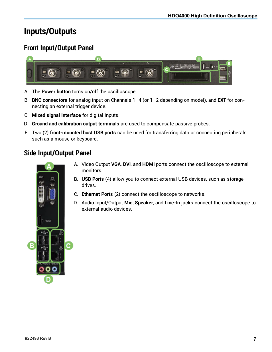 Inputs/outputs, Front input/output panel, Side input/output panel | Teledyne LeCroy HDO 4000 Operators Manual User Manual | Page 15 / 122