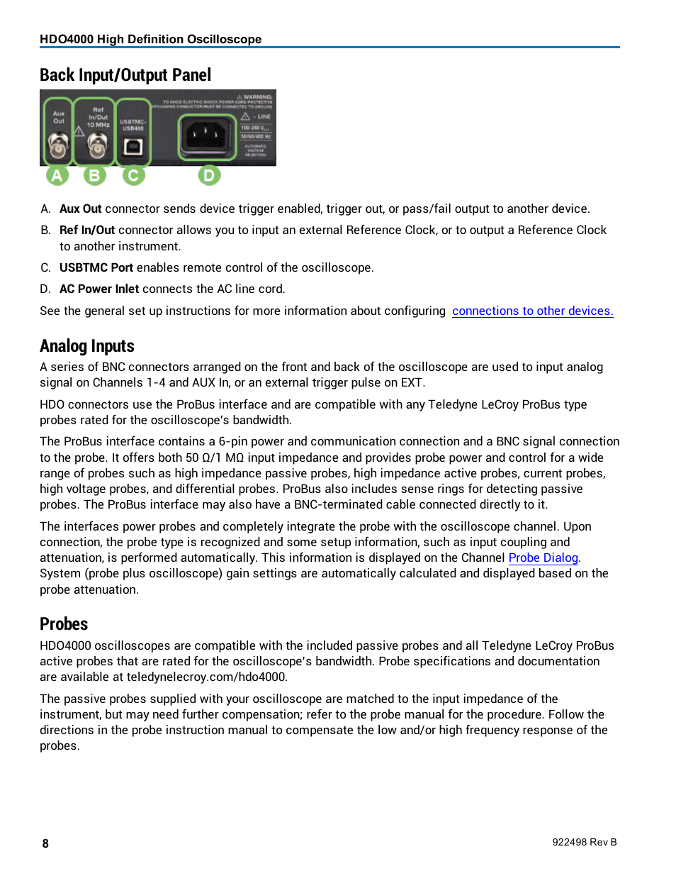 Back input/output panel, Analog inputs, Probes | Teledyne LeCroy HDO 4000 Operators Manual User Manual | Page 16 / 122