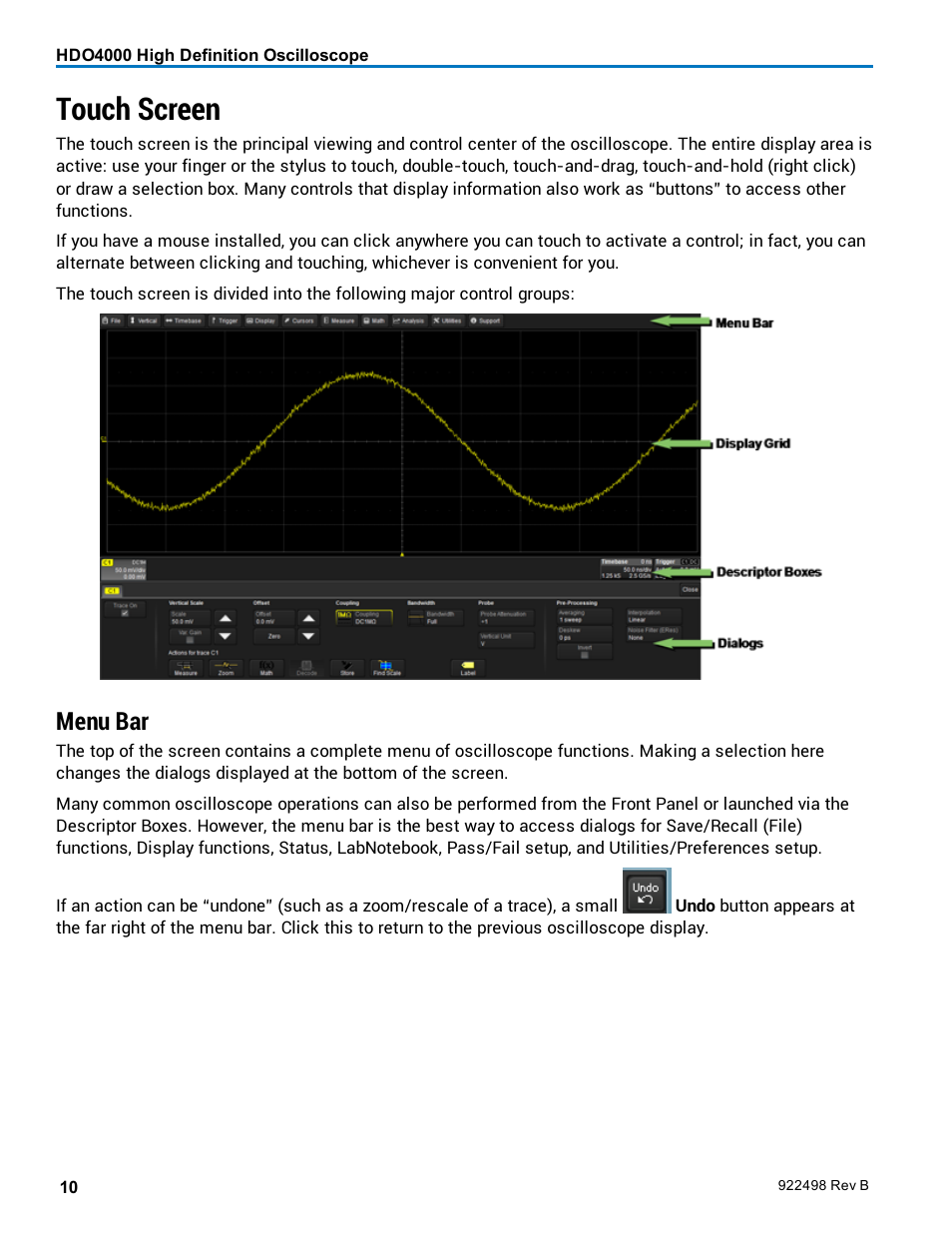 Touch screen, Menu bar | Teledyne LeCroy HDO 4000 Operators Manual User Manual | Page 18 / 122