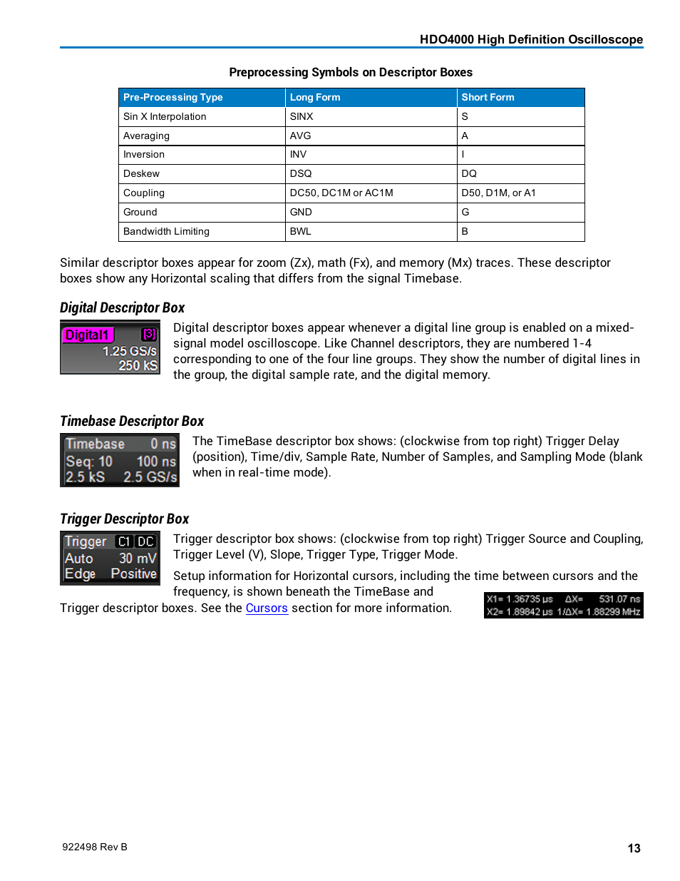 Digital descriptor box, Timebase descriptor box, Trigger descriptor box | Teledyne LeCroy HDO 4000 Operators Manual User Manual | Page 21 / 122