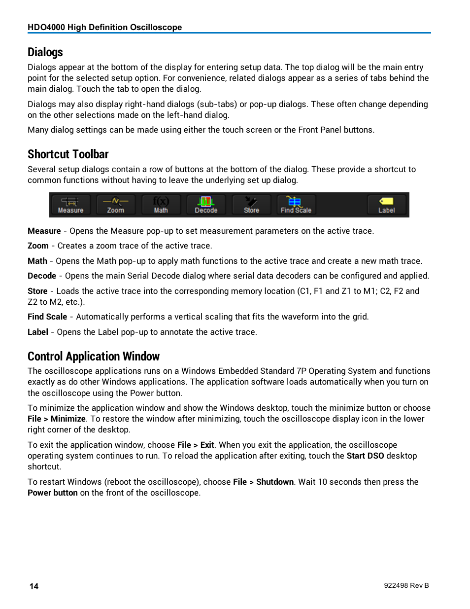 Dialogs, Shortcut toolbar, Control application window | Teledyne LeCroy HDO 4000 Operators Manual User Manual | Page 22 / 122