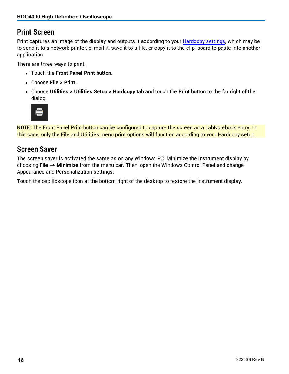 Print screen, Screen saver | Teledyne LeCroy HDO 4000 Operators Manual User Manual | Page 26 / 122