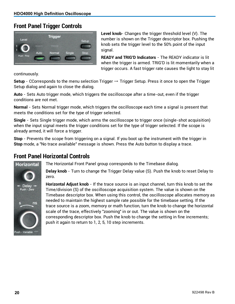 Front panel trigger controls, Front panel horizontal controls | Teledyne LeCroy HDO 4000 Operators Manual User Manual | Page 28 / 122