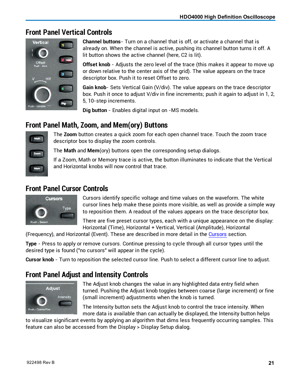 Front panel vertical controls, Front panel math, zoom, and mem(ory) buttons, Front panel cursor controls | Front panel adjust and intensity controls | Teledyne LeCroy HDO 4000 Operators Manual User Manual | Page 29 / 122