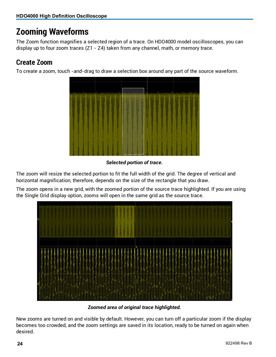 Zooming waveforms, Create zoom | Teledyne LeCroy HDO 4000 Operators Manual User Manual | Page 32 / 122
