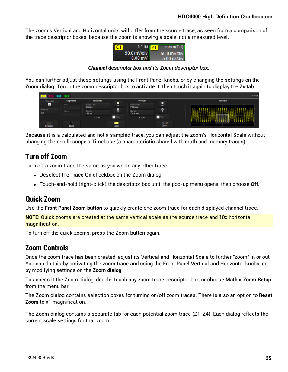 Turn off zoom, Quick zoom, Zoom controls | Teledyne LeCroy HDO 4000 Operators Manual User Manual | Page 33 / 122