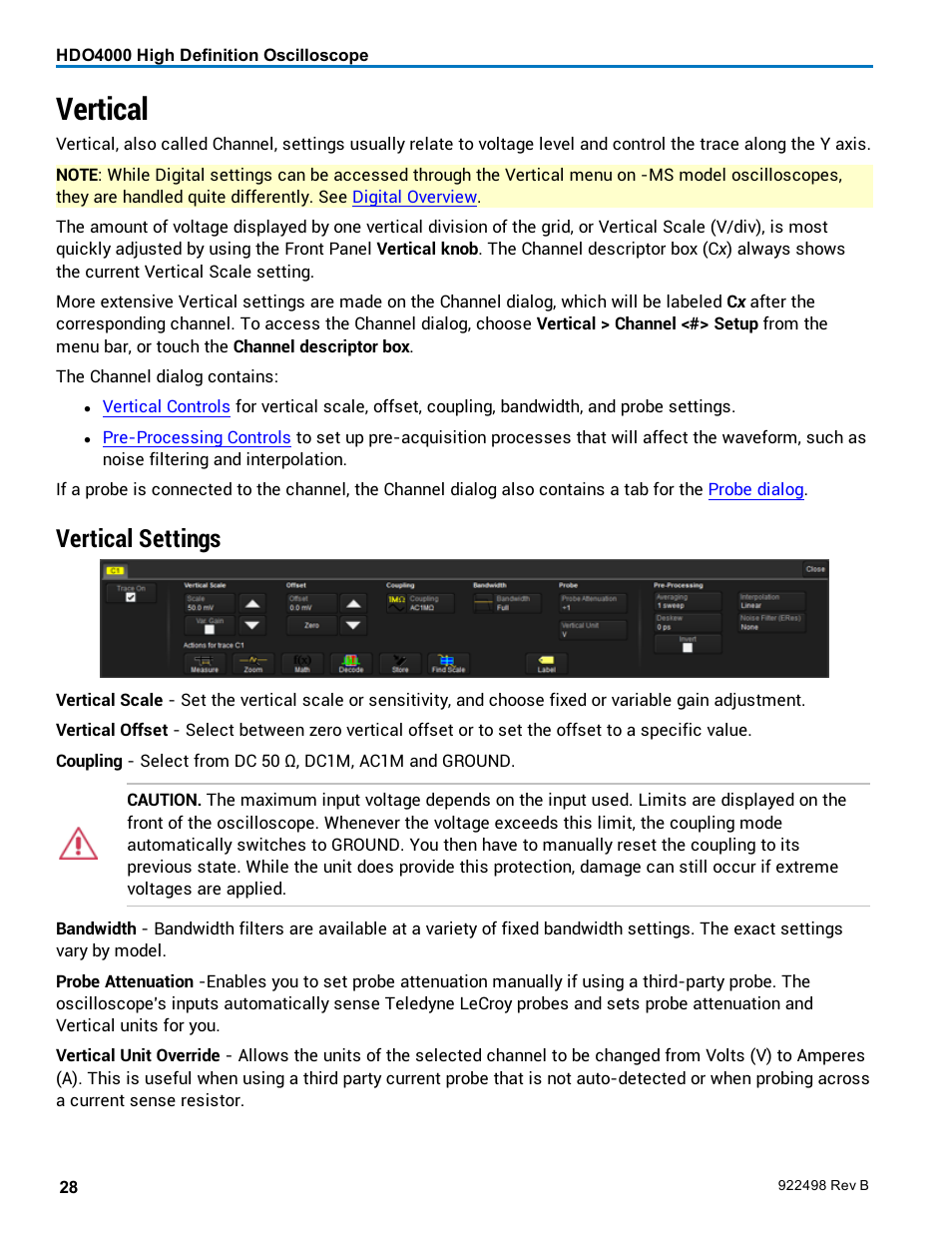 Vertical, Vertical settings | Teledyne LeCroy HDO 4000 Operators Manual User Manual | Page 36 / 122