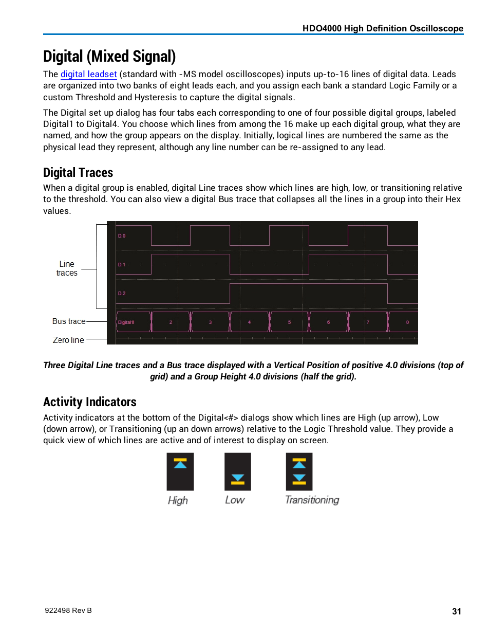 Digital (mixed signal), Digital traces, Activity indicators | Digital overview | Teledyne LeCroy HDO 4000 Operators Manual User Manual | Page 39 / 122