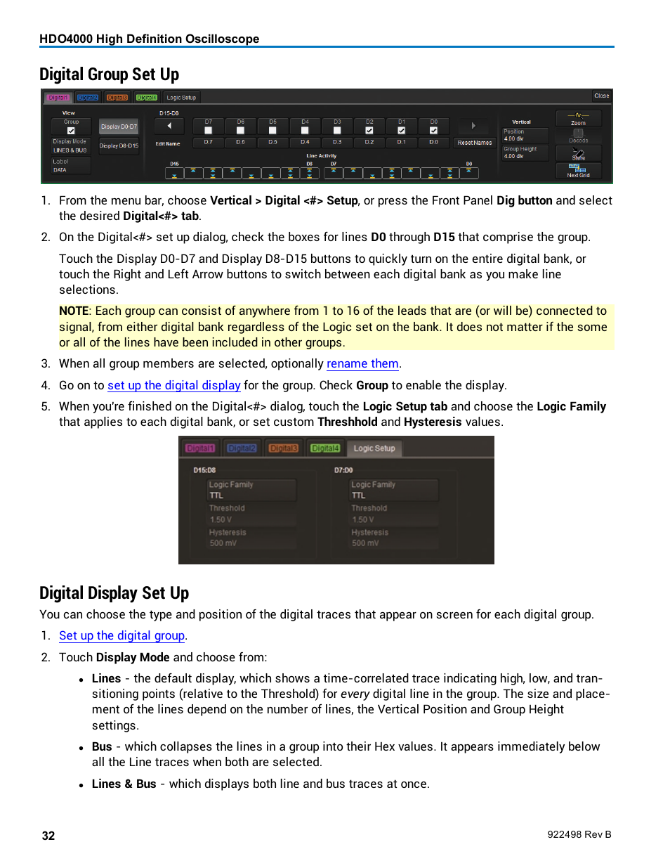 Digital group set up, Digital display set up | Teledyne LeCroy HDO 4000 Operators Manual User Manual | Page 40 / 122