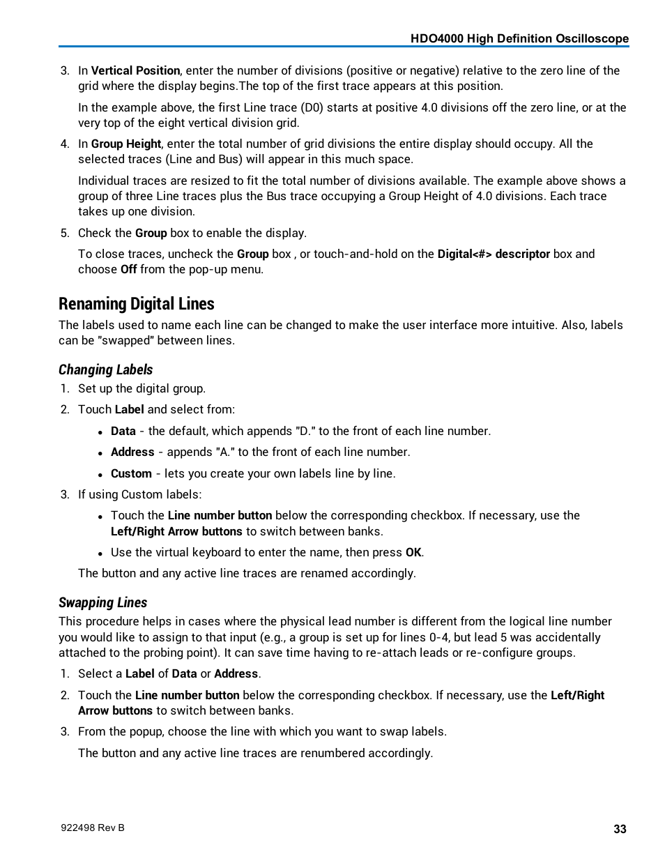 Renaming digital lines, Changing labels, Swapping lines | Teledyne LeCroy HDO 4000 Operators Manual User Manual | Page 41 / 122