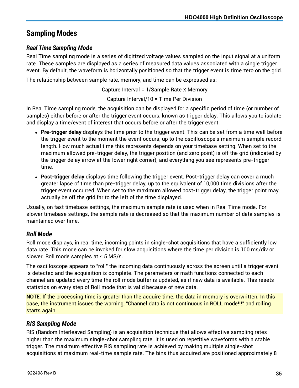 Sampling modes, Real time, Roll | Real time sampling mode | Teledyne LeCroy HDO 4000 Operators Manual User Manual | Page 43 / 122