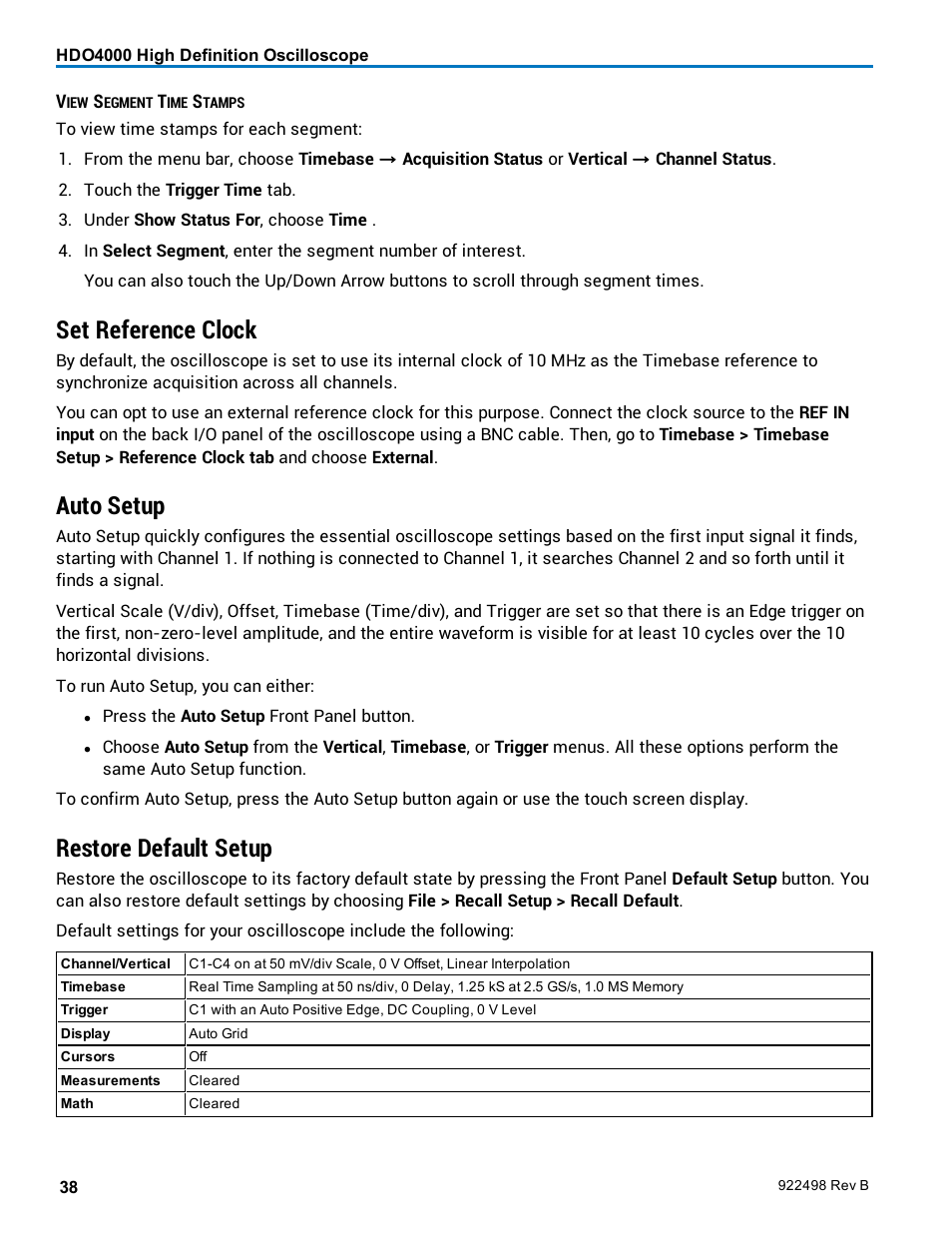 Set reference clock, Auto setup, Restore default setup | Teledyne LeCroy HDO 4000 Operators Manual User Manual | Page 46 / 122