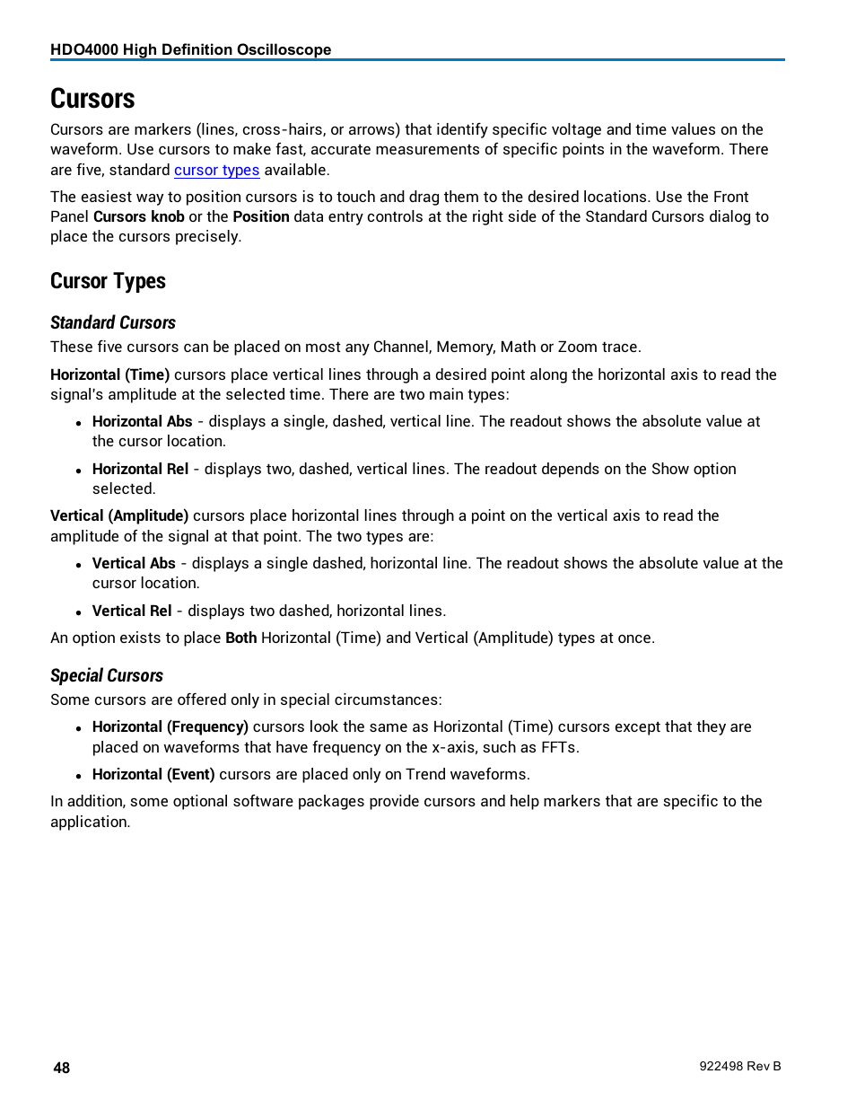 Cursors, Cursor types, Standard cursors | Special cursors | Teledyne LeCroy HDO 4000 Operators Manual User Manual | Page 56 / 122