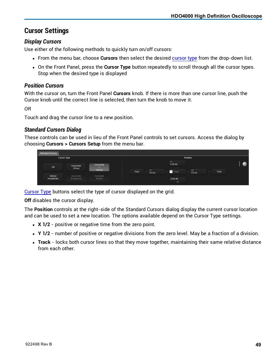 Cursor settings, Display cursors, Position cursors | Standard cursors dialog | Teledyne LeCroy HDO 4000 Operators Manual User Manual | Page 57 / 122